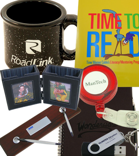 Logo desk accessories including flash usb drives, padfolios, coffee cups and mugs